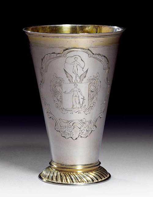 Appraisal: TALL BEAKER Parcel-gilt Riga ca Maker's mark Michale Kresnder the