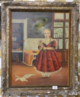 Appraisal: Agapito Labios - oil on canvas folk art interior girl