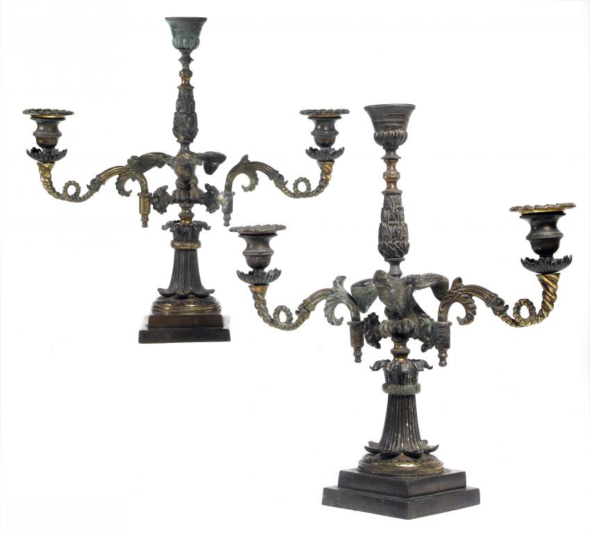 Appraisal: A PAIR OF REGENCY BRONZE ADJUSTABLE CANDELABRA of two lights