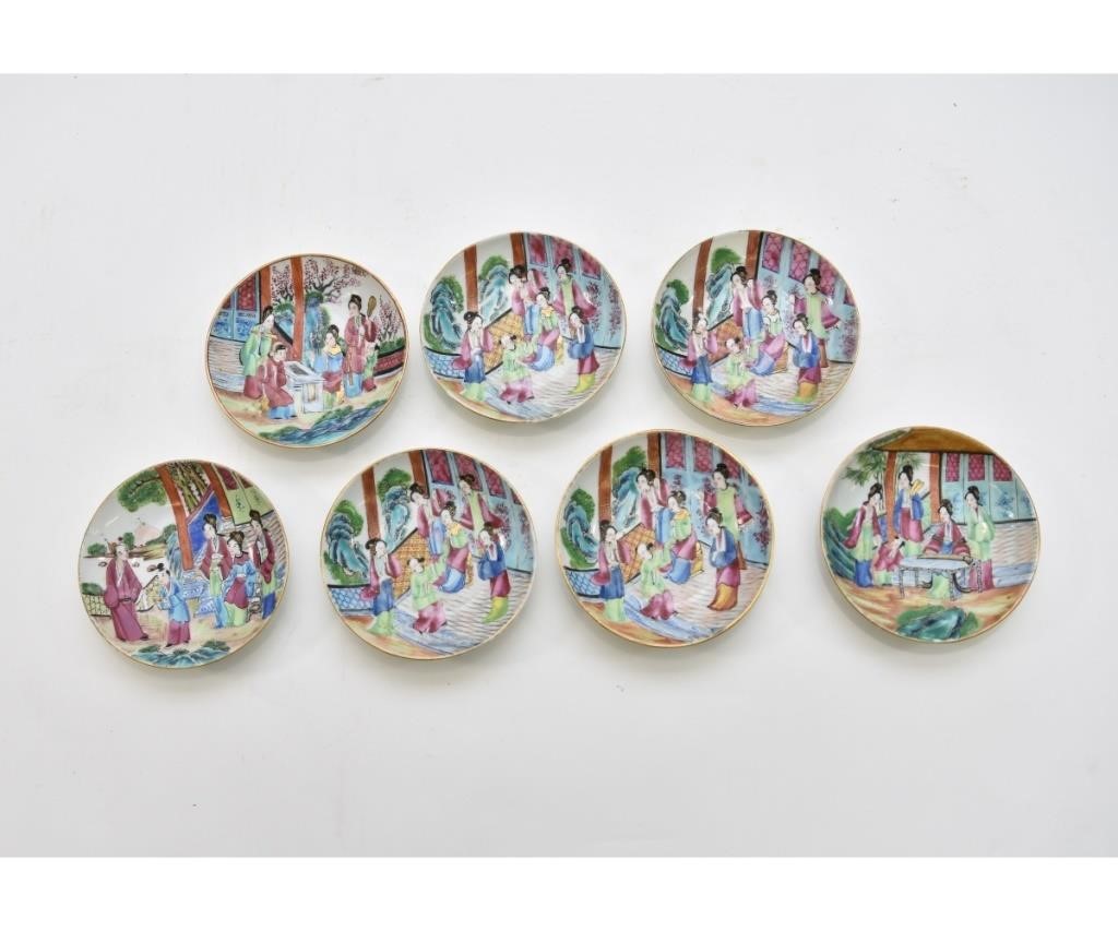 Appraisal: Set of seven colorful Rose Mandarin cup plates th c