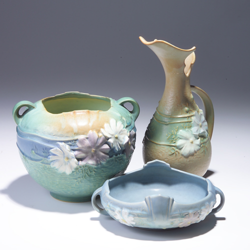 Appraisal: Three ROSEVILLE Cosmos pieces to include a blue bowl -