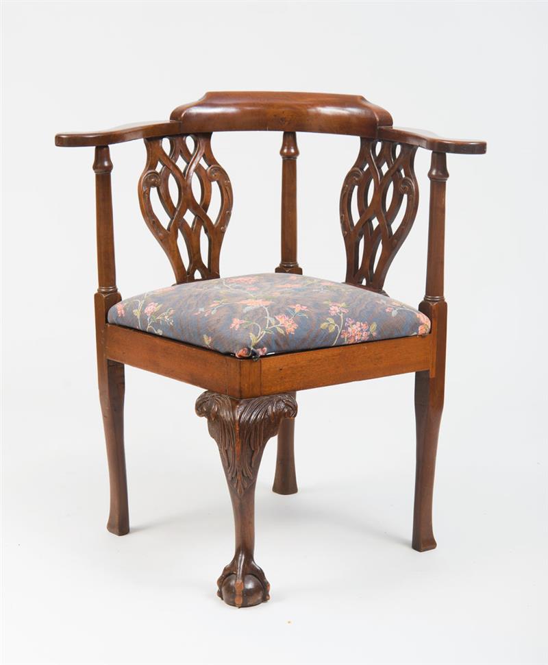 Appraisal: GEORGE III CARVED MAHOGANY CORNER CHAIR x x in Estimate