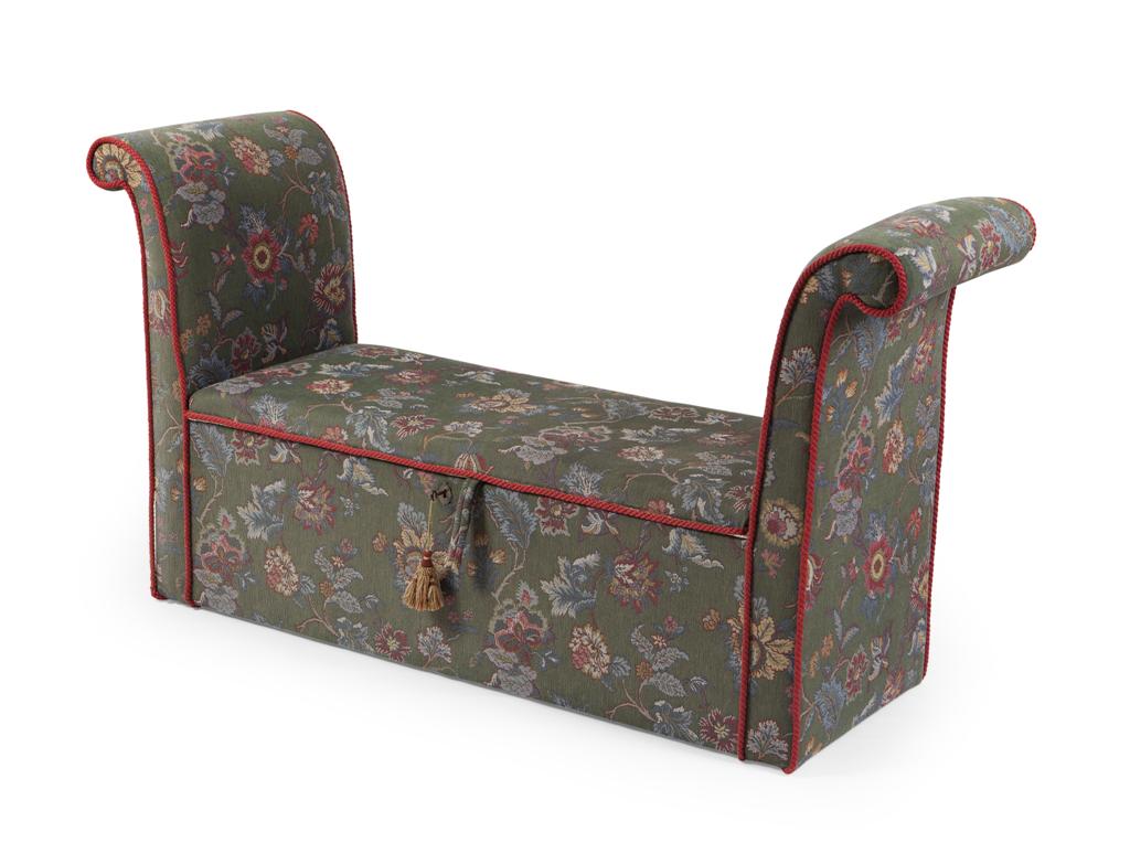 Appraisal: UPHOLSTERED OTTOMAN MODERN the scroll ends hinged seat and sides