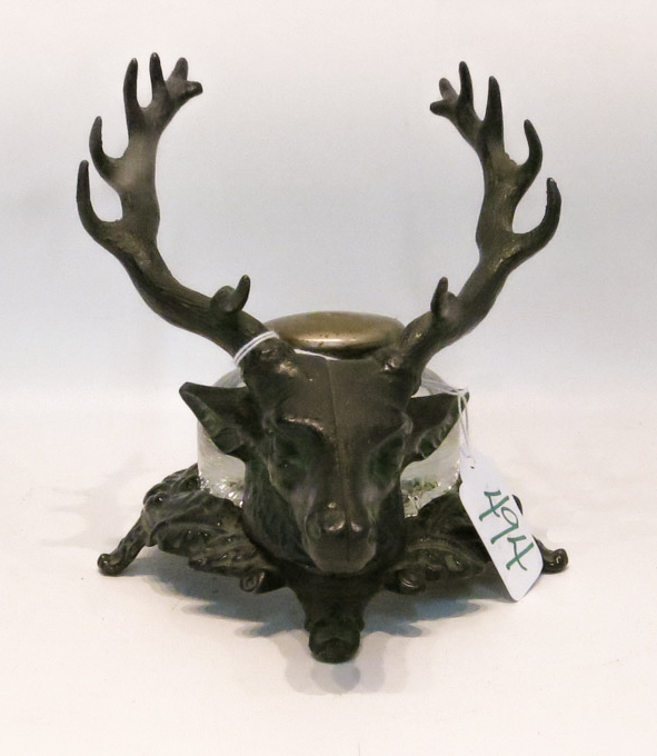 Appraisal: VICTORIAN INKSTAND having patinated metal elk head pen rest with