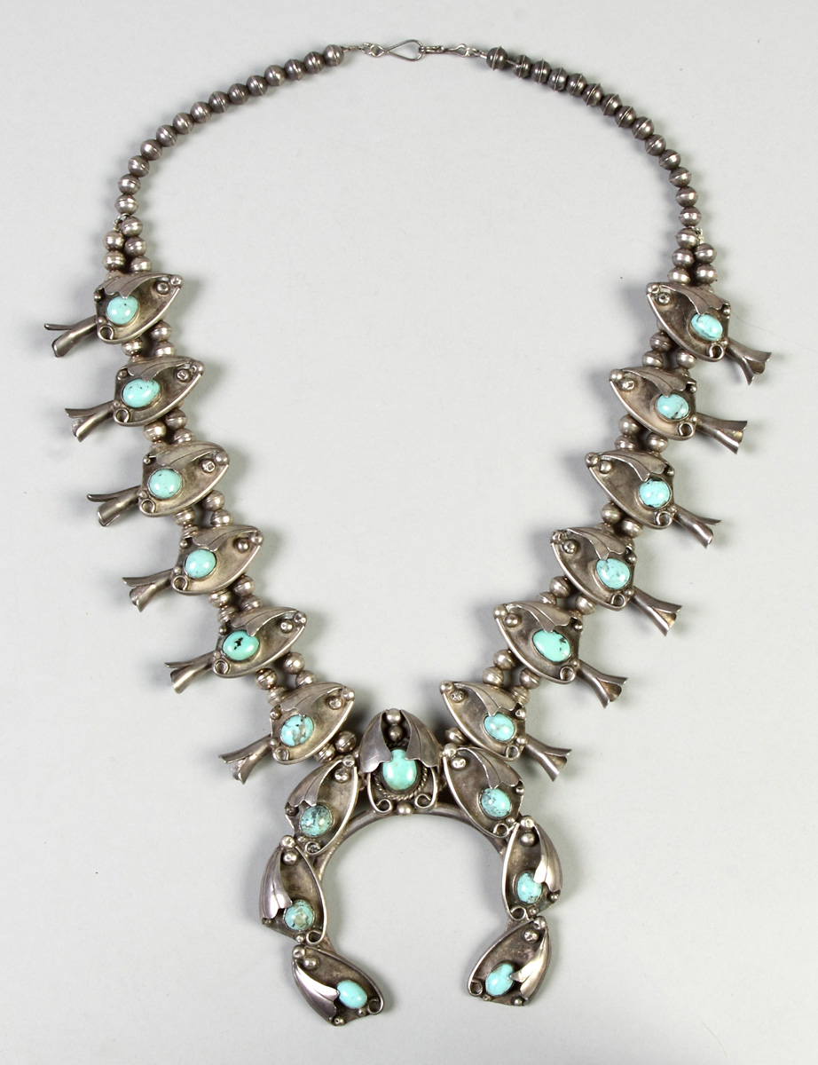 Appraisal: Squash Stylized Fish Sterling Silver Necklace w Turquoise