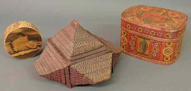 Appraisal: Tramp Art carved pyramid-form box h x w a red