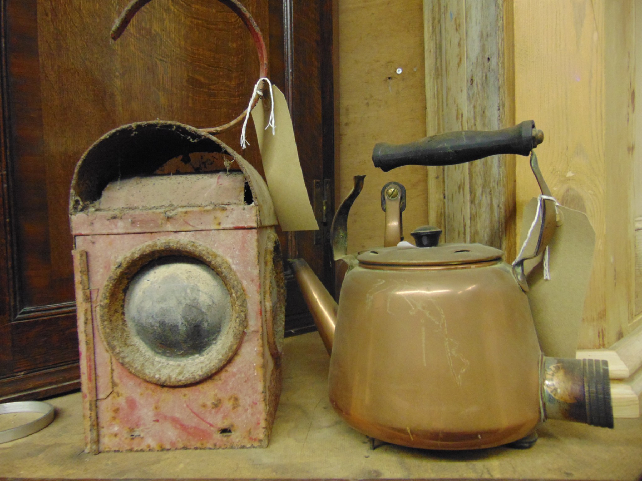 Appraisal: Two copper kettles old road lantern and a small set