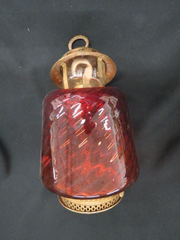 Appraisal: Victorian Cranberry Glass Hanging Light swirl decor oil lamp insert