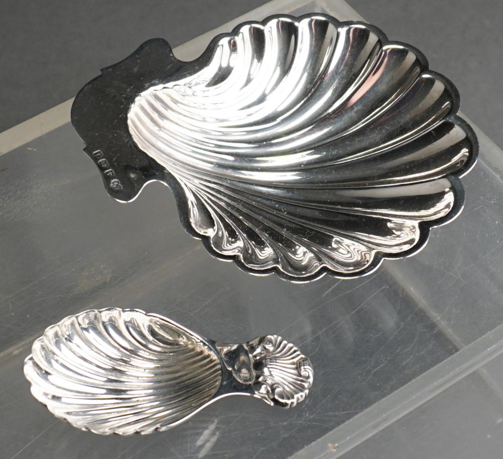 Appraisal: ENGLISH SILVER SHELL-FORM BOWL AND SHELL-FORM SUGAR SCOOP OZTEnglish Silver