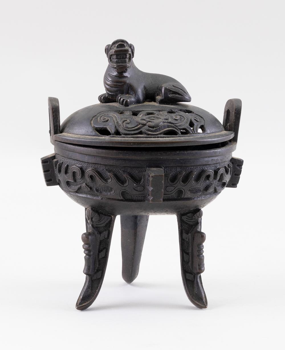 Appraisal: CHINESE BRONZE CENSER TH TH CENTURY HEIGHT LENGTH ACROSS HANDLES