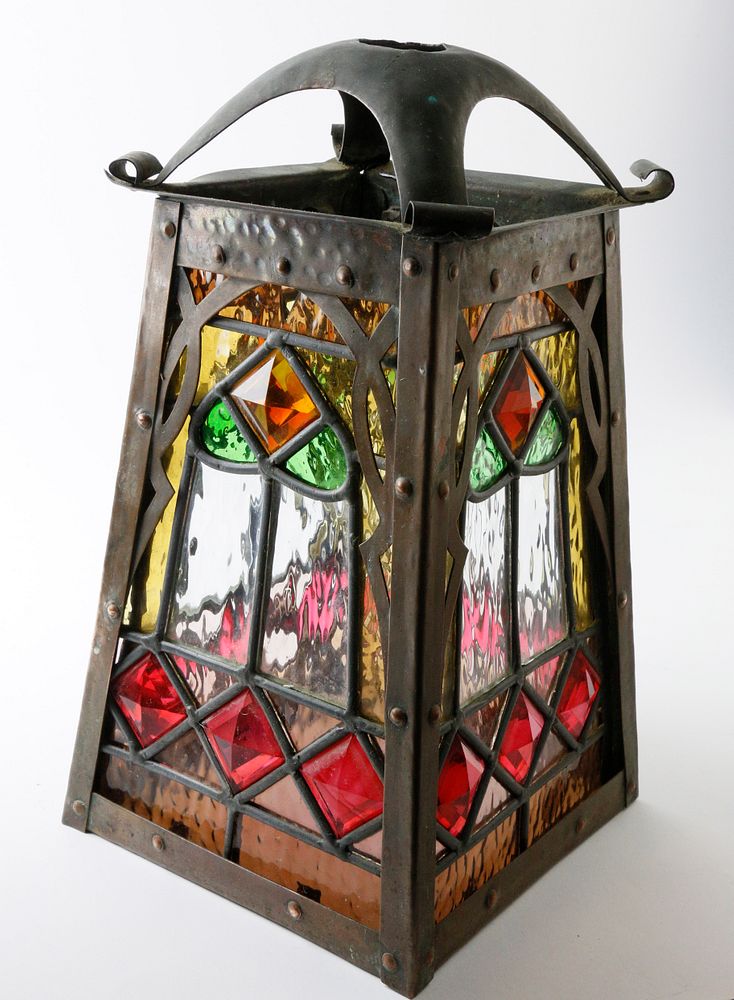 Appraisal: Arts and Crafts Copper and Leaded Glass Hanging Lantern Arts