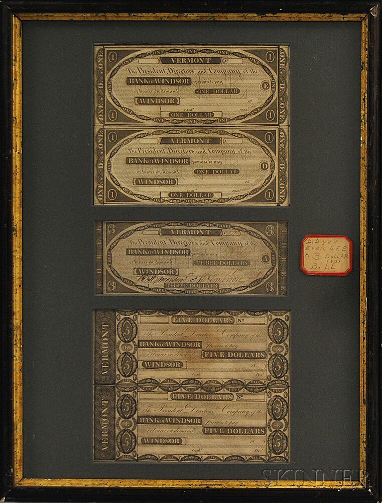 Appraisal: Five Framed Bank of Windsor Banknotes Windsor Vermont mid- th