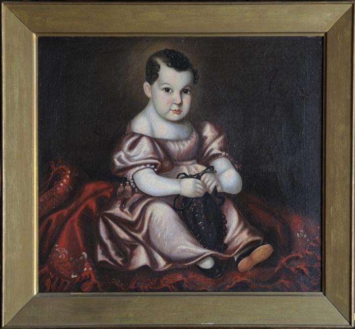 Appraisal: AMERICAN SCHOOL CHILD IN A PINK GOWN Oil on canvas