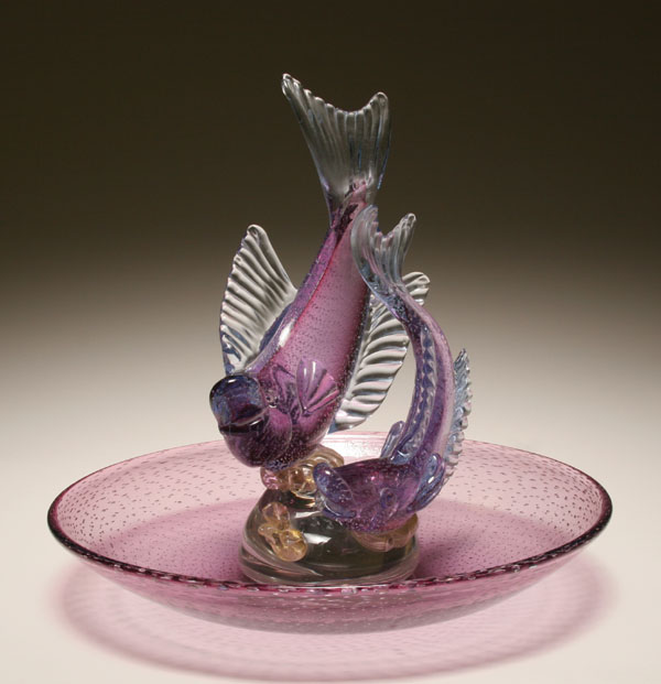 Appraisal: Alfredo Barbini bullicante fish and bowl Murano glass centerpiece large