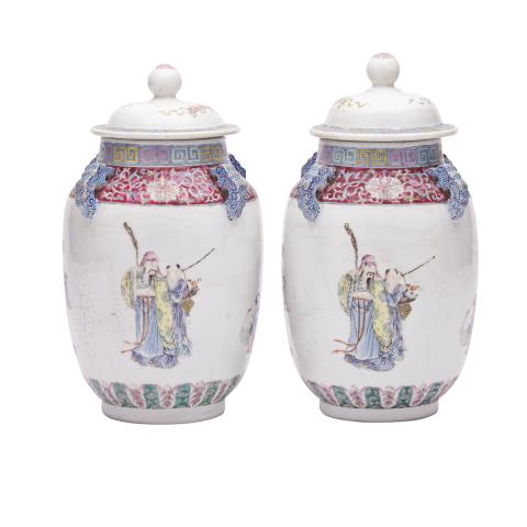 Appraisal: Pair of Famille Rose Jars and Covers Qianlong Mark Republican