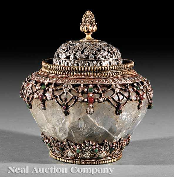 Appraisal: A Byzantine-Style Rock Crystal and Gem-Mounted Lidded Jar th c