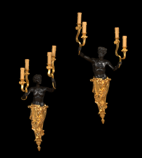 Appraisal: Large Pair of French Bronze-Patinated and Gilt-Lacquered Brass Four-Light Appliques