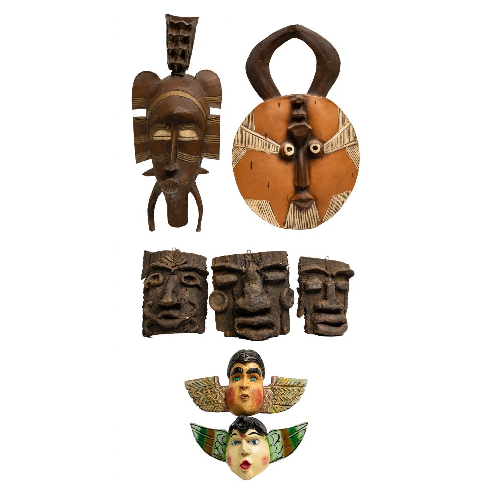 Appraisal: ETHNOGRAPHIC STYLE MASK ASSORTMENT items including Mexican folk art winged