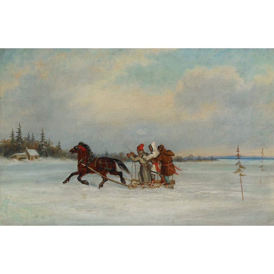 Appraisal: CORNELIUS KRIEGHOFF HABITANTS WITH SLEIGH oil on canvas laid down