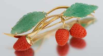 Appraisal: A Ladies' k Gold Carved Jade and Coral Brooch k