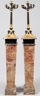 Appraisal: FRENCH STYLE PATINATED BRONZE SIX-LIGHT CANDELABRA PAIR H WITH MARBLE-CLAD