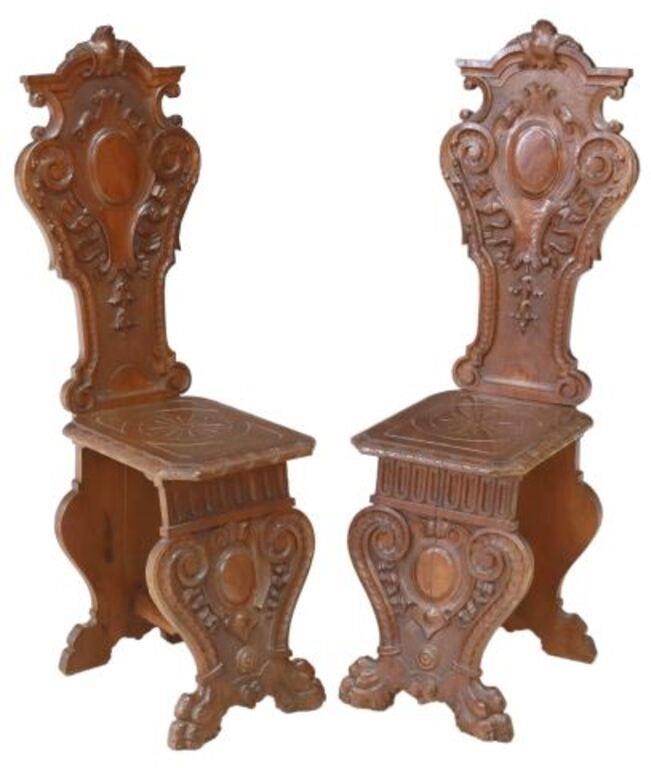 Appraisal: pair Italian Renaissance Revival walnut hall chairs A Brizzolara Figli