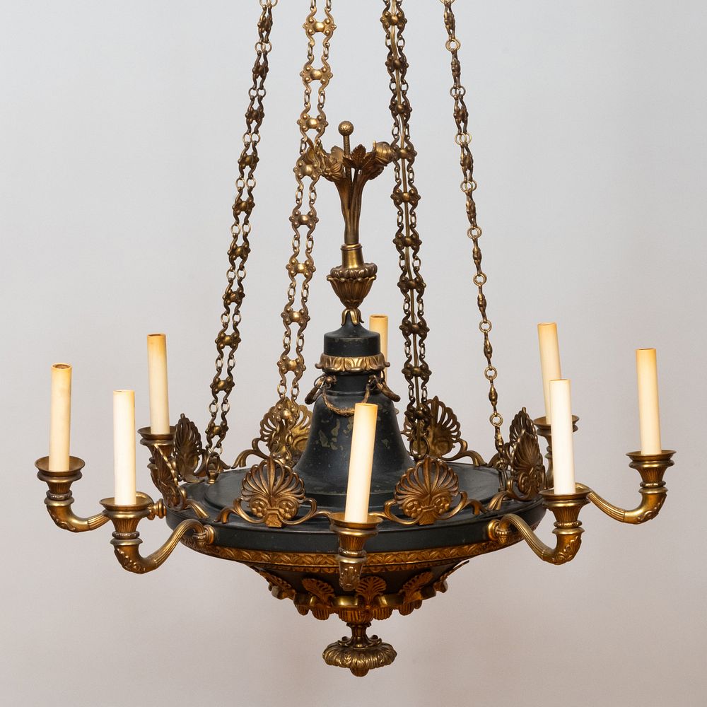 Appraisal: Empire Style Gilt-Metal-Mounted Painted T le Eight-Light Chandelier ft in