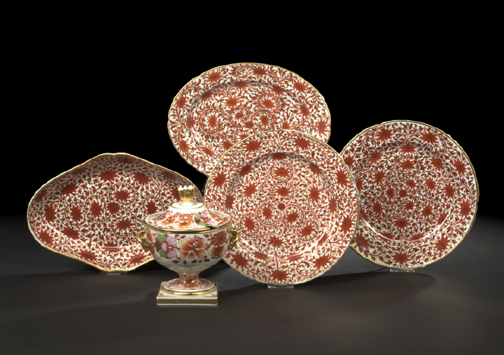 Appraisal: Four-Piece Collection of Spode Porcelain in an Overall Parcel-Gilt Iron-Red