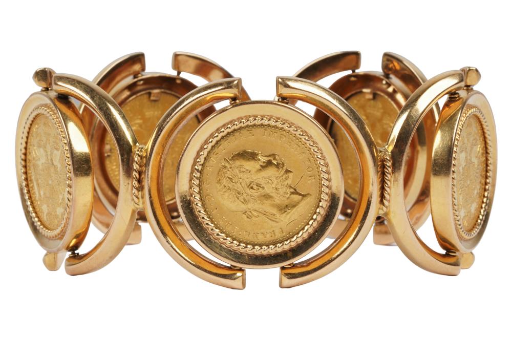 Appraisal: KARAT YELLOW GOLD EUROPEAN COIN BRACELETcontaining five bezel-set Austrian coins