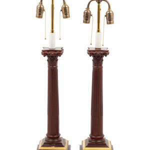 Appraisal: A Pair of Faux Porphyry Painted Columnar Two-Light Lamps with