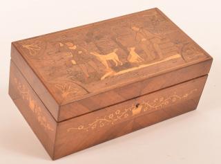 Appraisal: th Century Inlaid Hinged Top Box Hunter with dog inlay