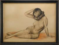 Appraisal: M DE MONTFORT th Century RECLINING NUDE Pastel crayon scene