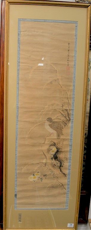 Appraisal: Oriental watercolor on paper of bird on flowering tree Oriental