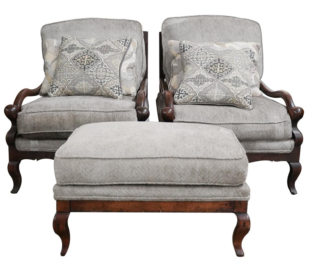 Appraisal: PAIR OF PROVINCIAL STYLE OPEN ARMCHAIRSwith removable cushions covered in