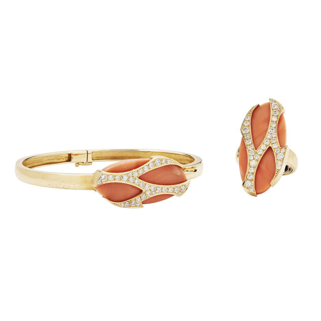 Appraisal: YA coral and diamond set bangle and matching ringthe hinged