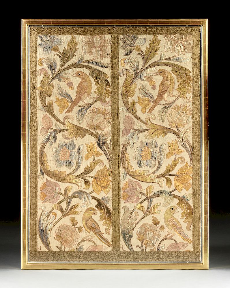 Appraisal: AN INDO PORTUGUESE POLYCHROME SILK EMBROIDERED LINEN PANEL TH CENTURY