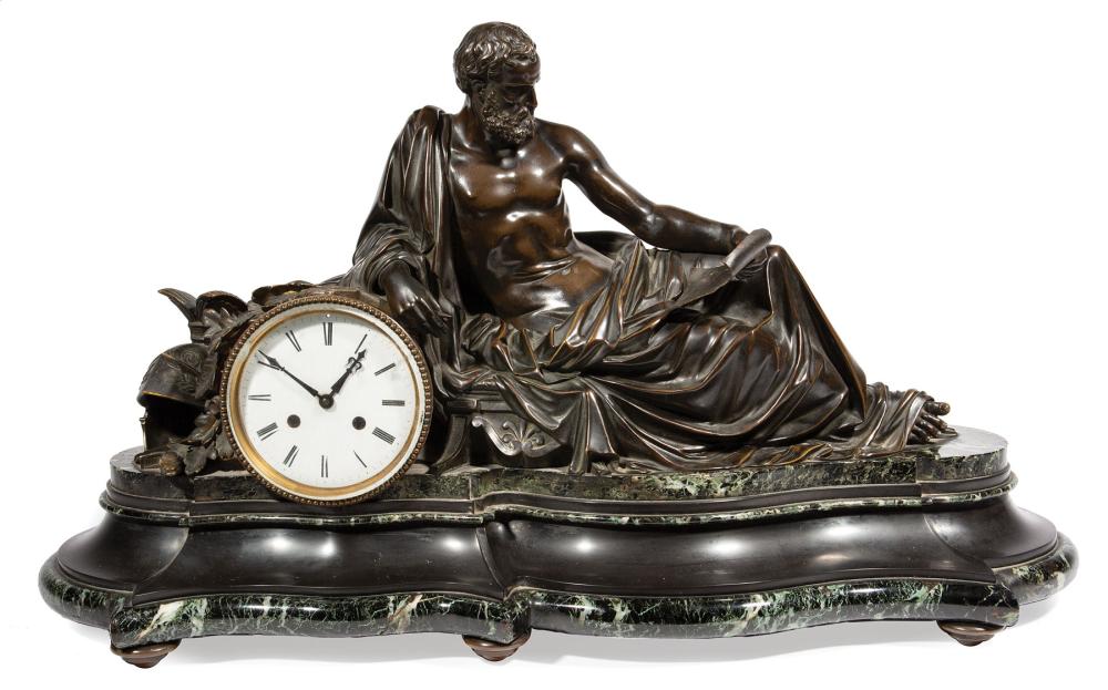 Appraisal: Large Napoleon III Patinated Bronze and Marble Figural Mantel Clock