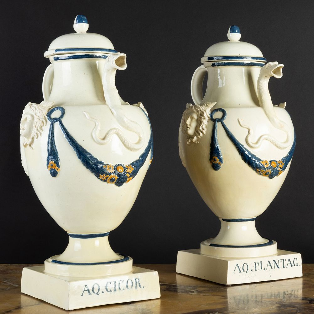 Appraisal: Pair of English Creamware Classical Form Apothecary Ewers and Covers