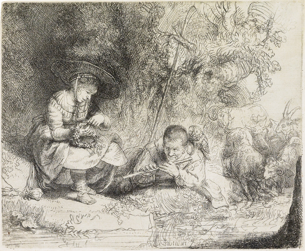 Appraisal: REMBRANDT VAN RIJN The Flute Player Etching and drypoint x