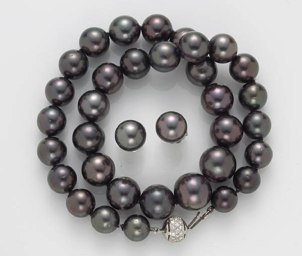 Appraisal: A Tahitian cultured pearl and diamond necklace and a pair