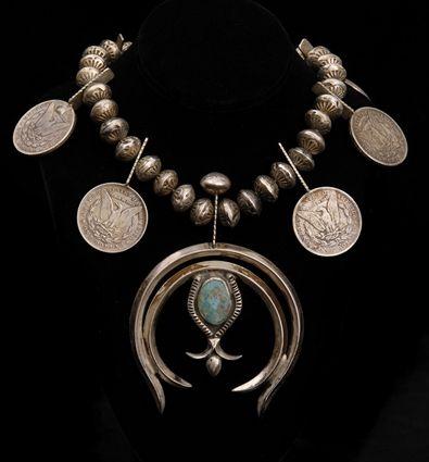 Appraisal: NAVAJO SQUASH BLOSSOM NECKLACE WITH STAMPED BEADS AND U S