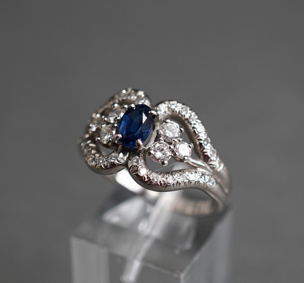 Appraisal: Tested -Karat White-Gold Blue Sapphire and Diamond Ring Sapphire measuring