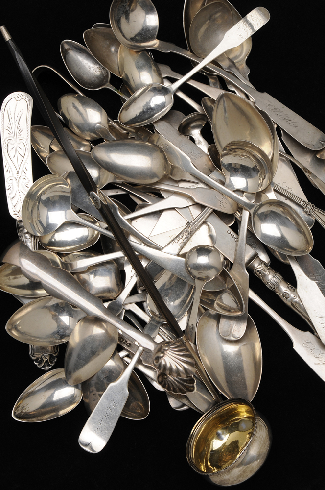 Appraisal: Assorted Silver Flatware includes coin silver sugar tongs salt spoons