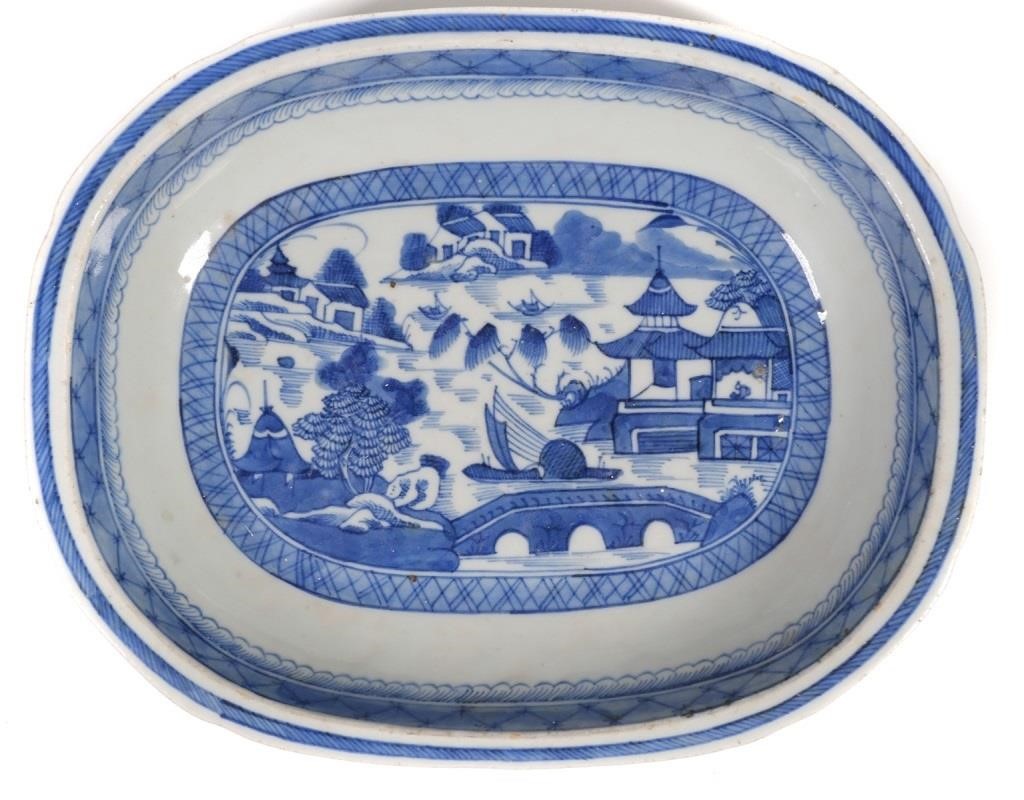 Appraisal: Blue decorated Canton export ware dish with pavilions and boats