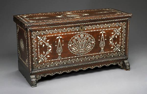 Appraisal: A North African shell inlaid hardwood coffer th century The