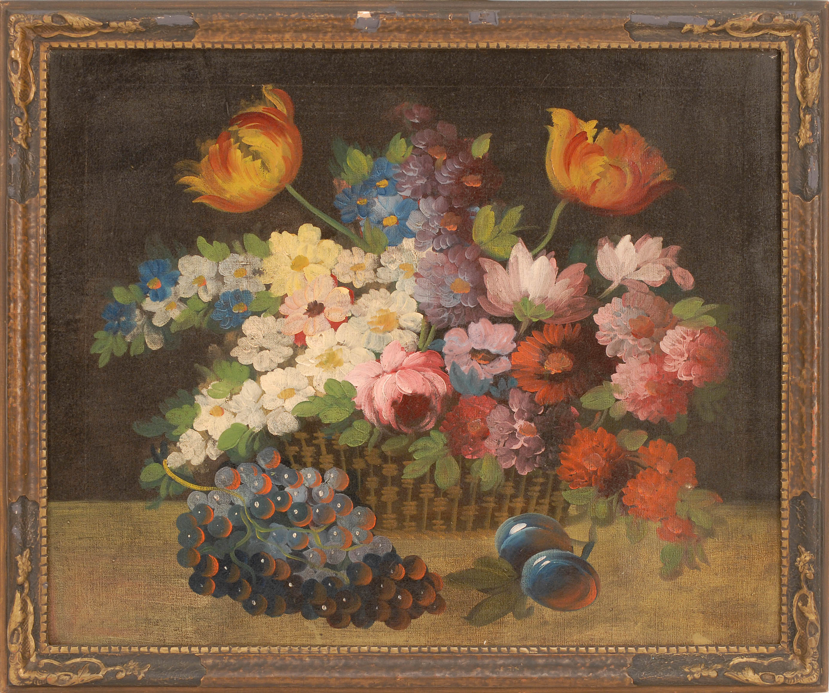 Appraisal: AMERICAN SCHOOLLate th CenturyTabletop still life of flowers spilling out