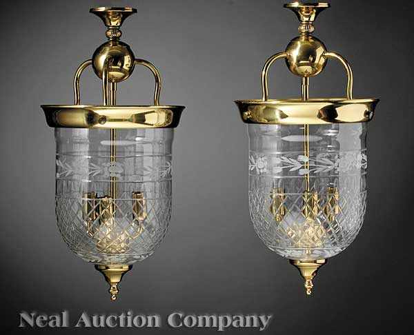 Appraisal: A Pair of Regency-Style Brass and Cut Glass Lanterns th