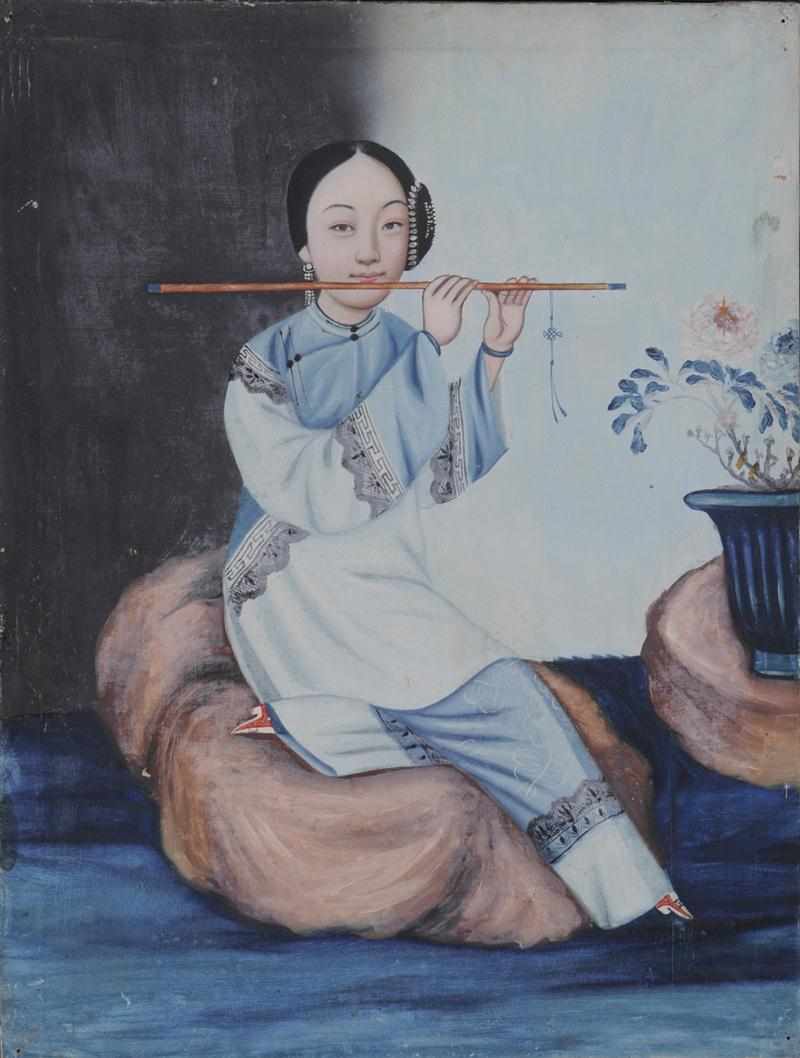 Appraisal: CHINESE EXPORT SCHOOL YOUNG WOMAN PLAYING A FLUTE Oil on