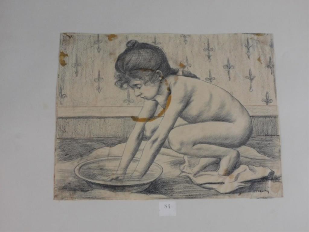 Appraisal: CHARLES MAURIN - FRANCE NUDE GIRL ATher washbasin pencil and