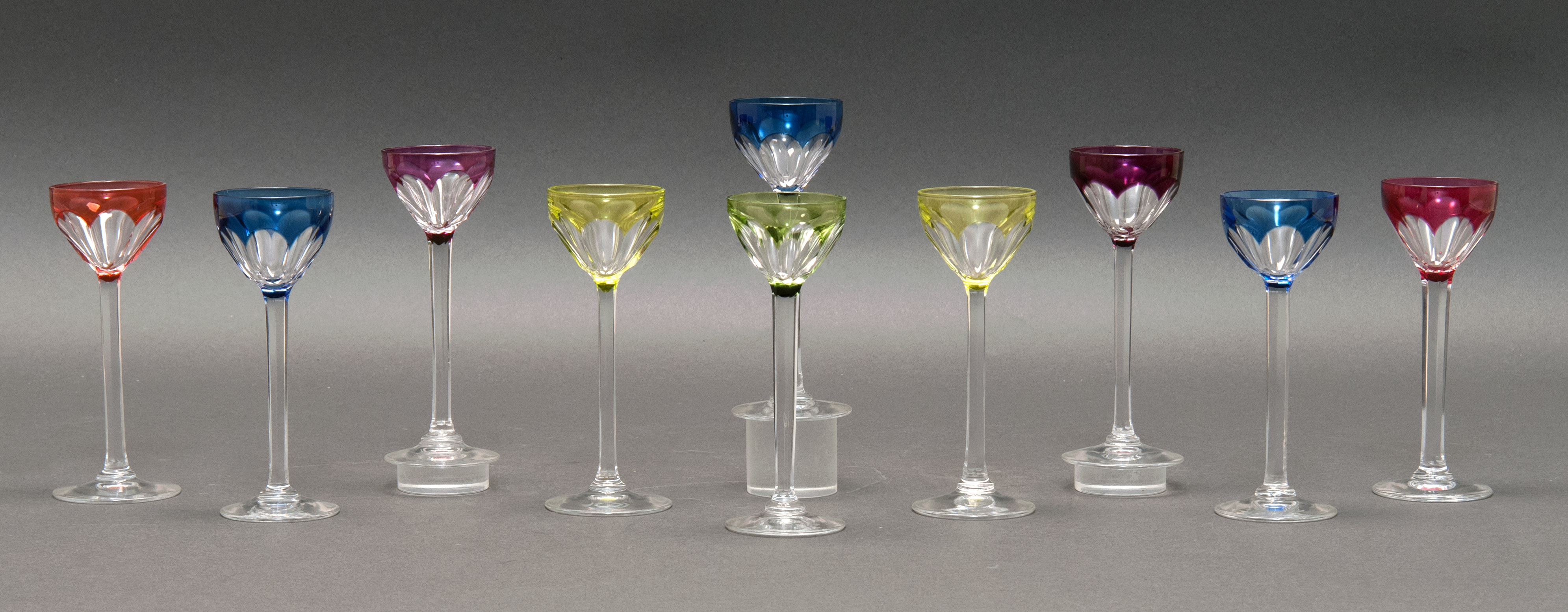 Appraisal: SET OF TEN CUT OVERLAY STEMMED CORDIAL GLASSES Early th